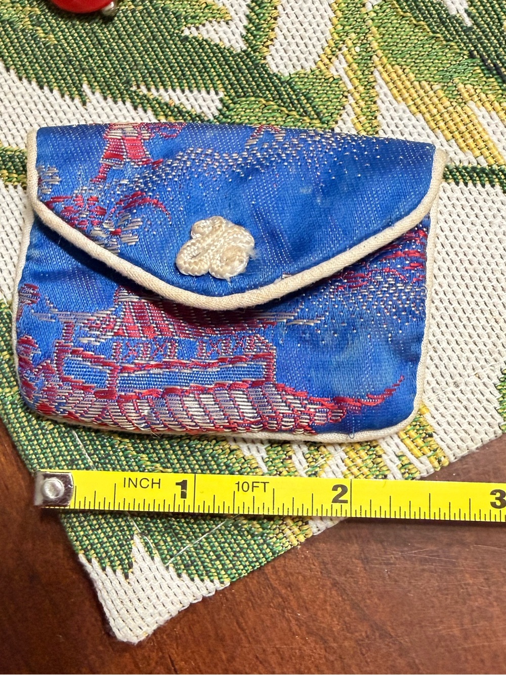 Blue Embroidered Silk Coin Pouch with Cream Trim